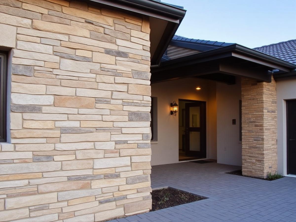 Stone-clad walls and entrance feature
